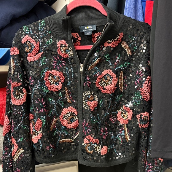 Maje Black Bomber Jacket with Pink Floral Beading - Picture 3 of 6